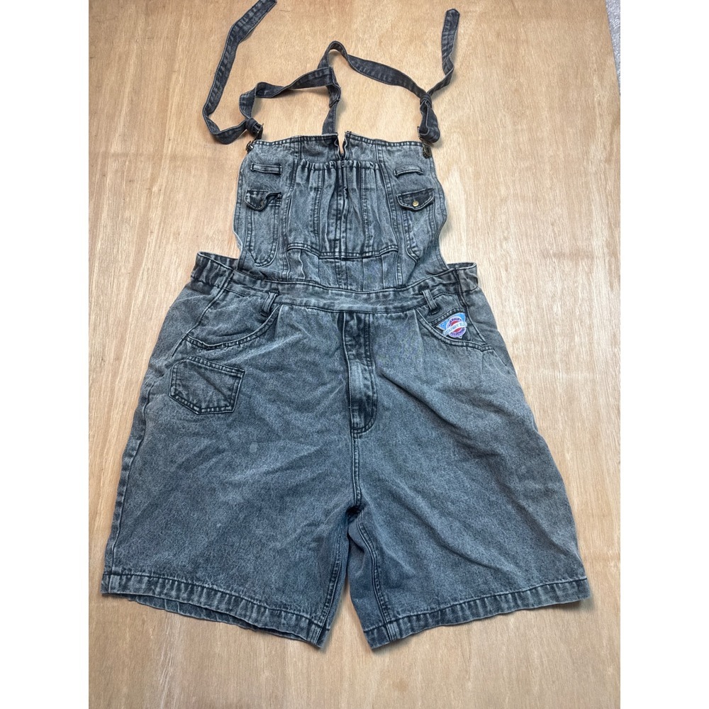 Vintage Jean Overalls Womens XL Black Excellent Y2K Denim Shortalls Acid Wash